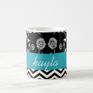 Persoonlijke Chevron & Bloemige Teal Wit & Zwart Koffiemok