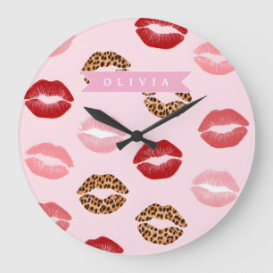 Persoonlijke Chic Roze Luipaardprint Lippatroon Grote Klok