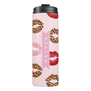 Persoonlijke Chic Roze Luipaardprint Lippatroon Thermosbeker