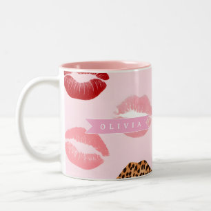 Persoonlijke Chic Roze Luipaardprint Lippatroon Tweekleurige Koffiemok