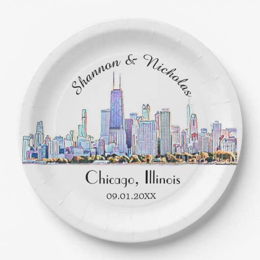Persoonlijke Chicago Skyline Wedding Papieren Bordje (Voorkant)