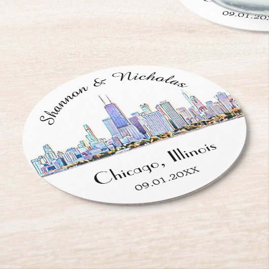 Persoonlijke Chicago Skyline Wedding Ronde Kartonnen Onderzetter (Gebogen)
