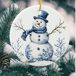 Persoonlijke Chinoiserie Blauwe Witte Sneeuwman Keramisch Ornament