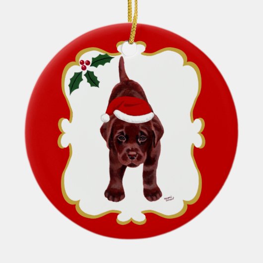 Persoonlijke Chocolate Lab-pop met Santa Hat 2 Keramisch Ornament (Voorkant)
