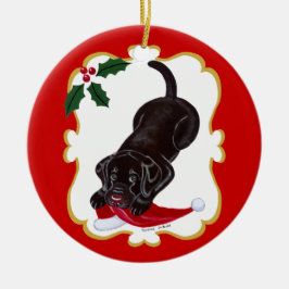 Persoonlijke Chocolate Lab Puppy met Santa Hat Keramisch Ornament