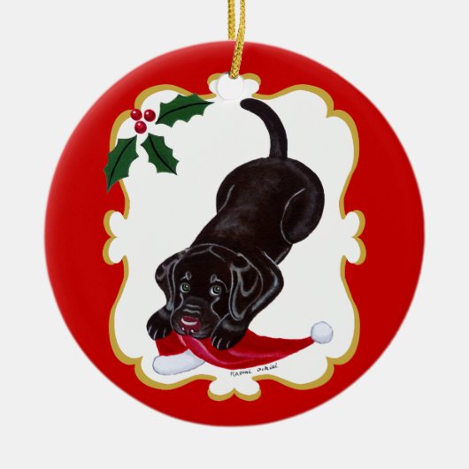 Persoonlijke Chocolate Lab Puppy met Santa Hat Keramisch Ornament (Voorkant)