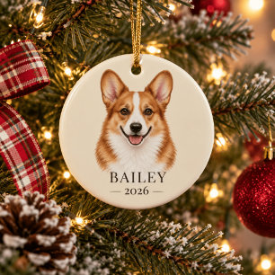 Persoonlijke Corgi met Rode Kop Naam & Jaar Keramisch Ornament