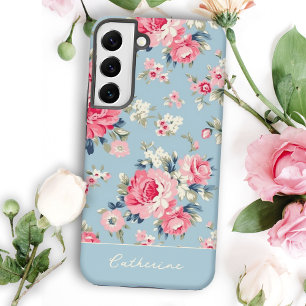 Persoonlijke Cottage Roze Rozen op Blauwe Achtergr Samsung Galaxy Hoesje