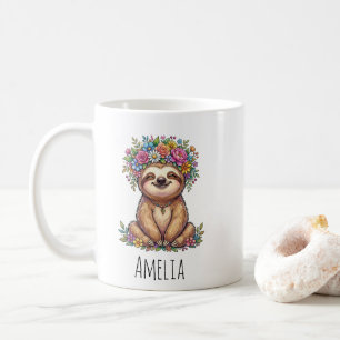Persoonlijke Cute Bloemige Luiaard met Bloemen Kro Koffiemok