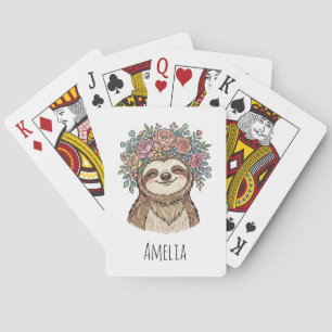Persoonlijke Cute Bloemige Luiaard met Bloemen Kro Pokerkaarten