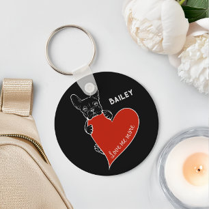 Persoonlijke Cute Franse Hond met een Rode Hart Sleutelhanger