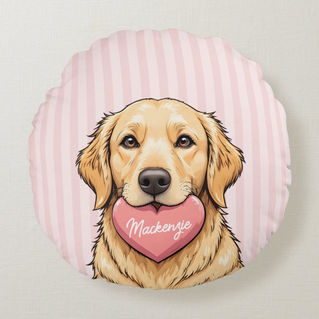 Persoonlijke Cute Hond met Roze Hart Rond Kussen (Voorkant)