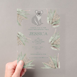 Persoonlijke Cute Koala Eucalyptus Baby Borrel Acryl Uitnodigingen