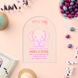 Persoonlijke Cute Olifant Roze Baby Shower Acryl Uitnodigingen