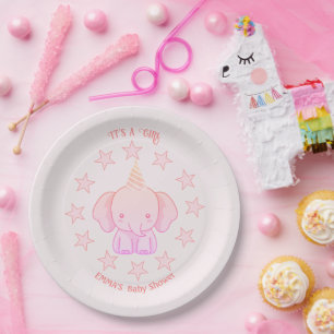 Persoonlijke Cute Olifant Roze Baby Shower Papieren Bordje