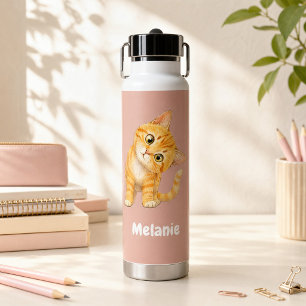 Persoonlijke Cute Oranje Kat Roze Kinderen Water Waterfles