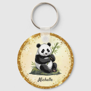 Persoonlijke Cute Panda Beer Groene Bamboe Goud  Sleutelhanger