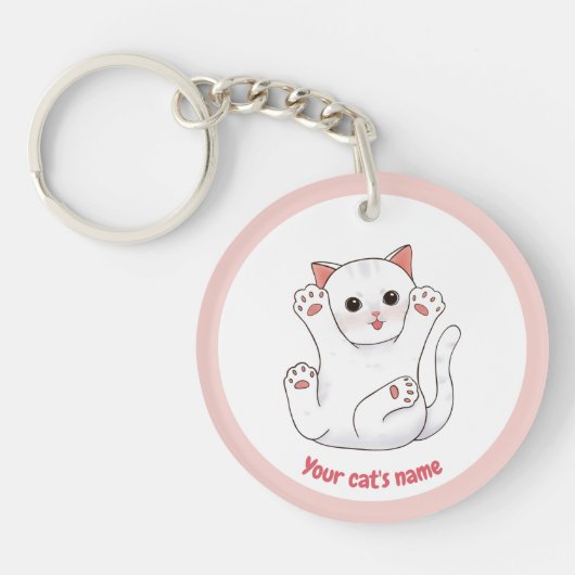 Persoonlijke Cute Witte Kattenliefhebber Sleutelha Sleutelhanger (Voorkant)