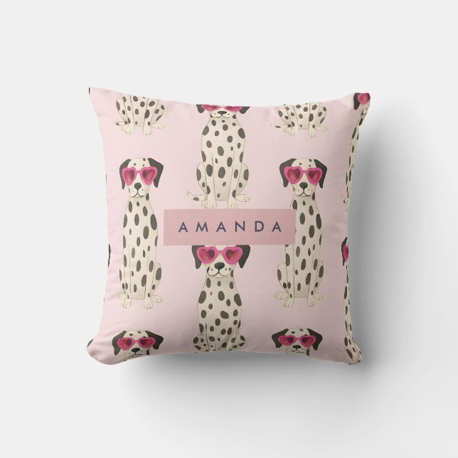 Persoonlijke Dalmatiër Hond met Roze Hart Bril Kussen (Voorkant)