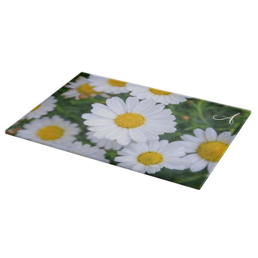 Persoonlijke decoratieve glazen snijplank madelief (Hoek)