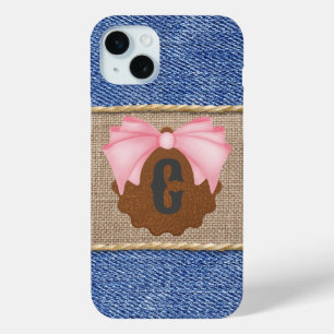 Persoonlijke denim en leer met roze strik iPhone 15 mini hoesje