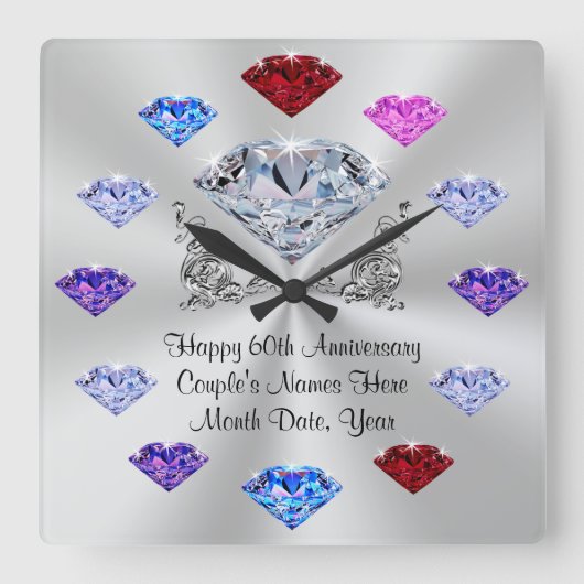Persoonlijke Diamond Jubileum Clock, Birthstone Vierkante Klok (Voorkant)