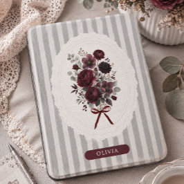 Persoonlijke diepe burgundy bloemen grijze strepen