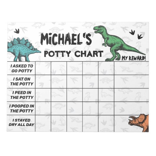 Persoonlijke Dinosaur Potty Grafiek Naam & Taken Notitieblok (Voorkant)
