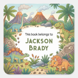 Persoonlijke dinosauriërs tropisch boeklabel vierkante sticker