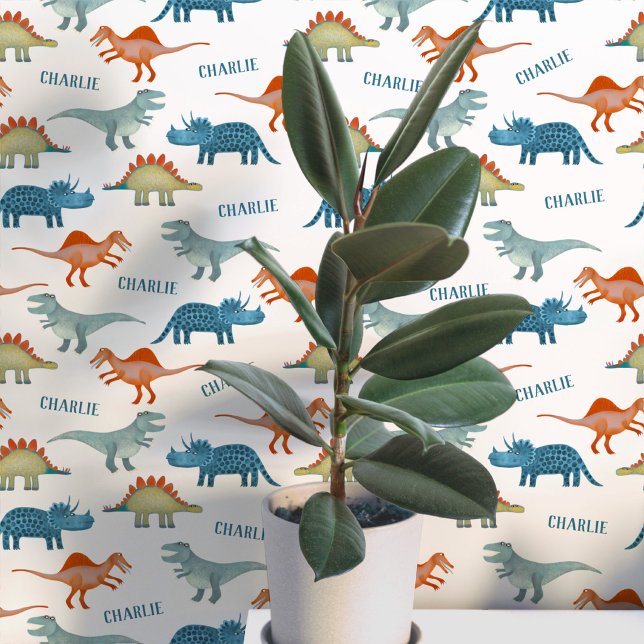 Persoonlijke dinosaurusnaam behang (Fun unique personalized dinosaur wallpaper with child's name for kid's room and nursery)