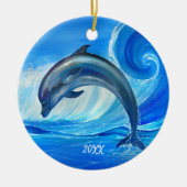 Persoonlijke Dolphin-siernamen | Blauwe oceaangolv Keramisch Ornament (Voorkant)