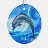 Persoonlijke Dolphin-siernamen | Blauwe oceaangolv Keramisch Ornament (Links)
