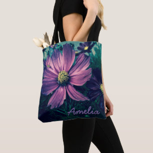 Persoonlijke donkerpaarse bloemen tote bag
