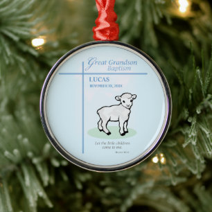 Persoonlijke doopgave voor achterkleinzoon in blau metalen ornament