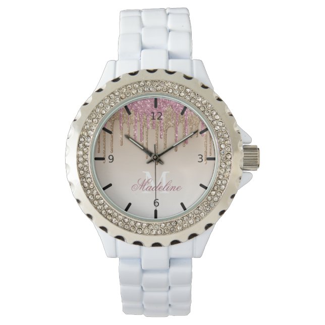 Persoonlijke druipende glitters klok horloge (Voorkant)