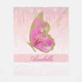 Persoonlijke Druppelende Glitter Roze Vlinder Fleece Deken (Voorkant)