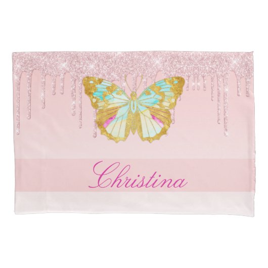 Persoonlijke Druppelende Glitters Roze Teal Vlinde Kussensloop (Voorkant)