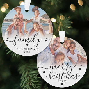 Persoonlijke dubbelzijdige kerst met 2 familiefoto ornament