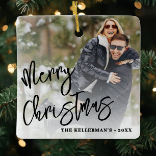 Persoonlijke dubbelzijdige kerstkaart met twee fot keramisch ornament