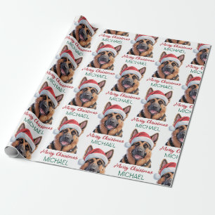 Persoonlijke Duitse herder in kerstmuts Cadeaupapier