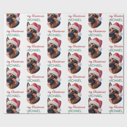 Persoonlijke Duitse herdershond met kerstmuts Cadeaupapier (Vlak)