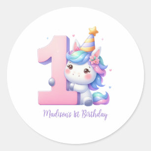 Persoonlijke Eenhoorn 1e Verjaardag Meisjes Ronde Sticker