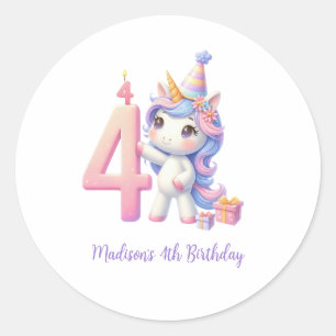 Persoonlijke Eenhoorn 4e Verjaardag Meisjes Ronde Sticker