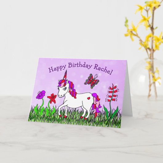 Persoonlijke Eenhoorn, Bloemen, Vlinder Verjaardag Kaart (Gele Bloem)