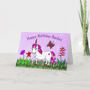 Persoonlijke Eenhoorn, Bloemen, Vlinder Verjaardag Kaart