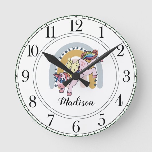 Persoonlijke Eenhoorn Watercolor Regenboog Ronde Klok (Voorkant)