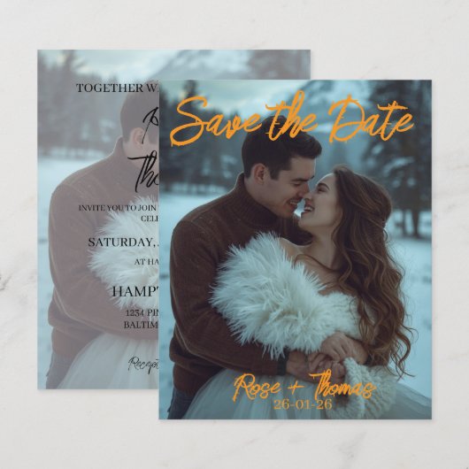 Persoonlijke eenvoudige moderne wintertrouwkaart (Voorkant / Achterkant)