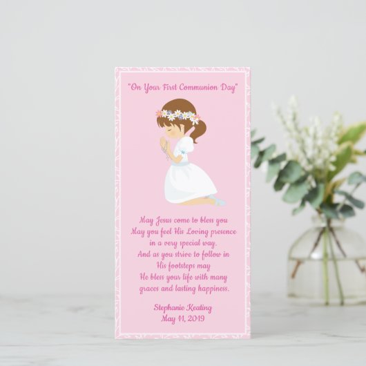 Persoonlijke eerst communie boekenlegger meisje. bedankkaart (Staand voorkant)