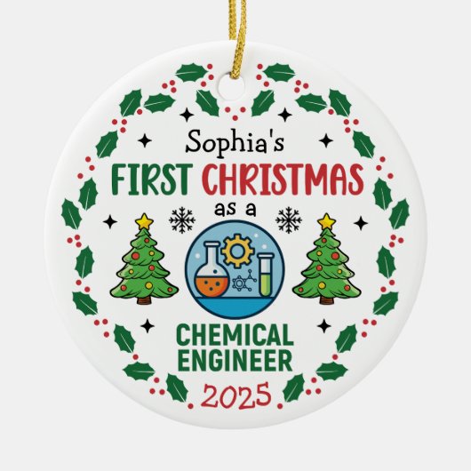 Persoonlijke eerste kerst als scheikundig ingenieu keramisch ornament (Voorkant)