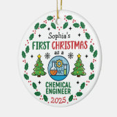 Persoonlijke eerste kerst als scheikundig ingenieu keramisch ornament (Links)